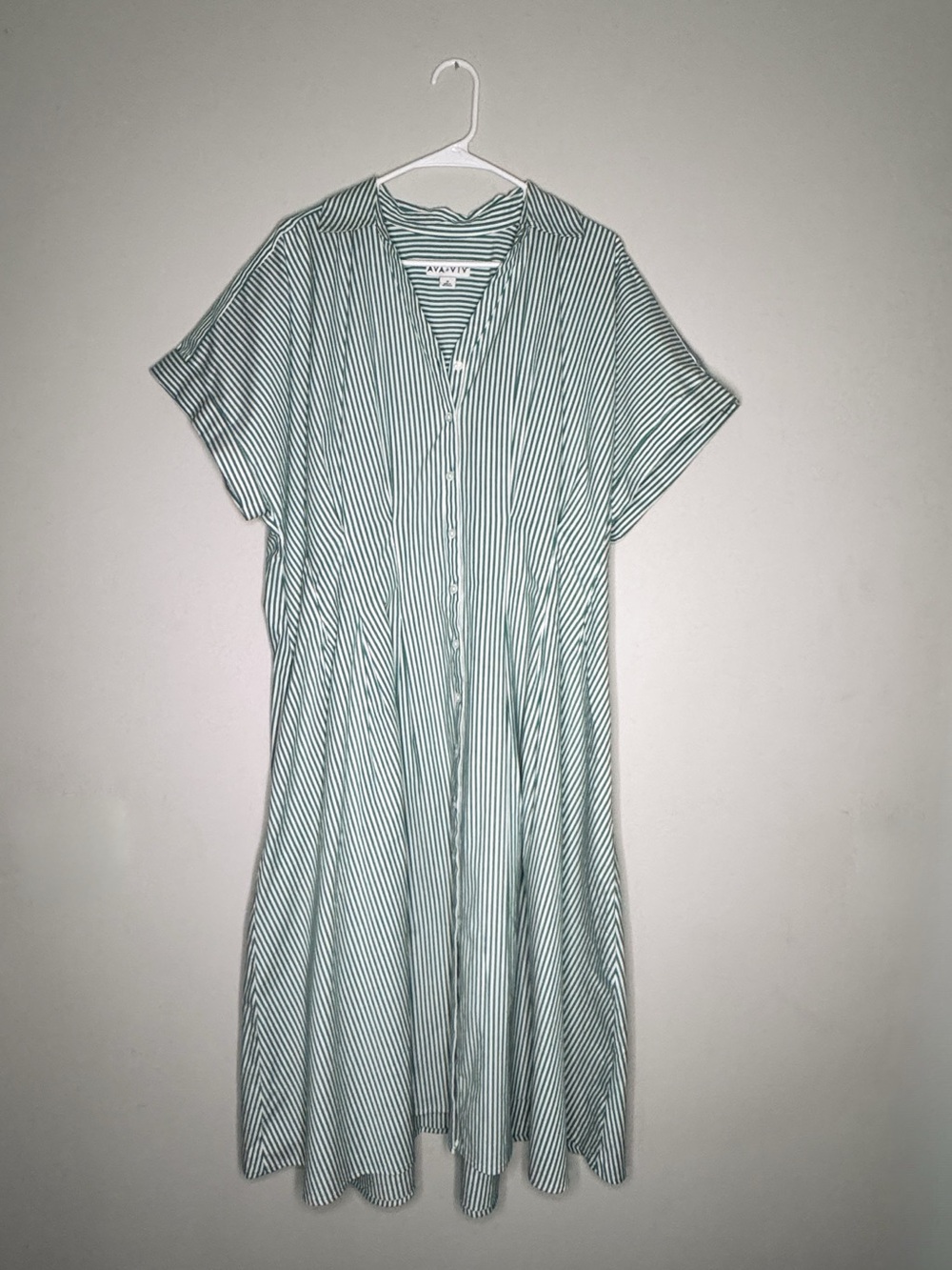Ava & Viv Green White Striped Button Front Midi Shirt Dress Plus 1X
